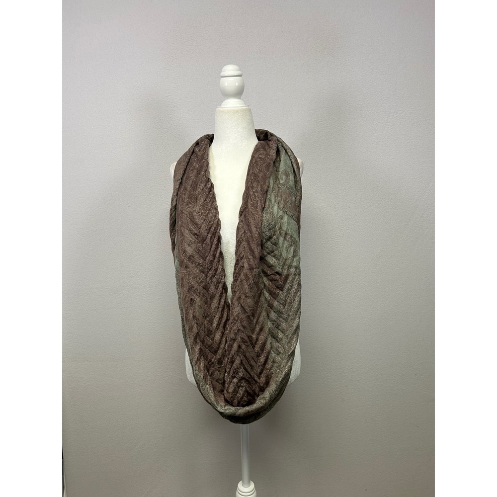 Boho Earthy Shimmer Womens OS Brown Sage Green Damask Chevron Infinity Scarf